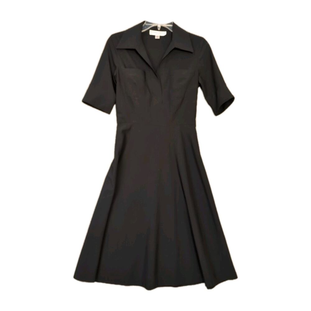 Donna Ricco Shirt Dress Size 2  Black Short Sleeve Collared Fit‑and‑Flare Knee